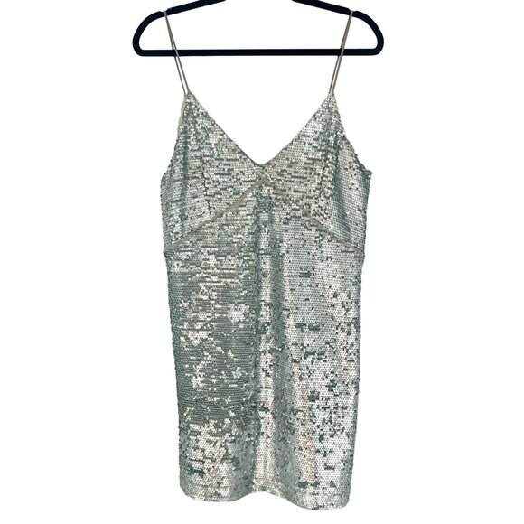 Mango Silver Sequin & Mesh Trim V-Neck Spaghetti Strap Mini Party Cocktail Dress - Picture 14 of 16